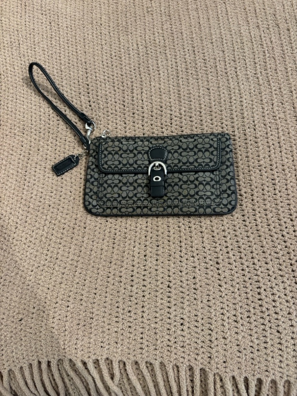 Coach Signature Canvas Black and Gray Wristlet with Buckle Accent